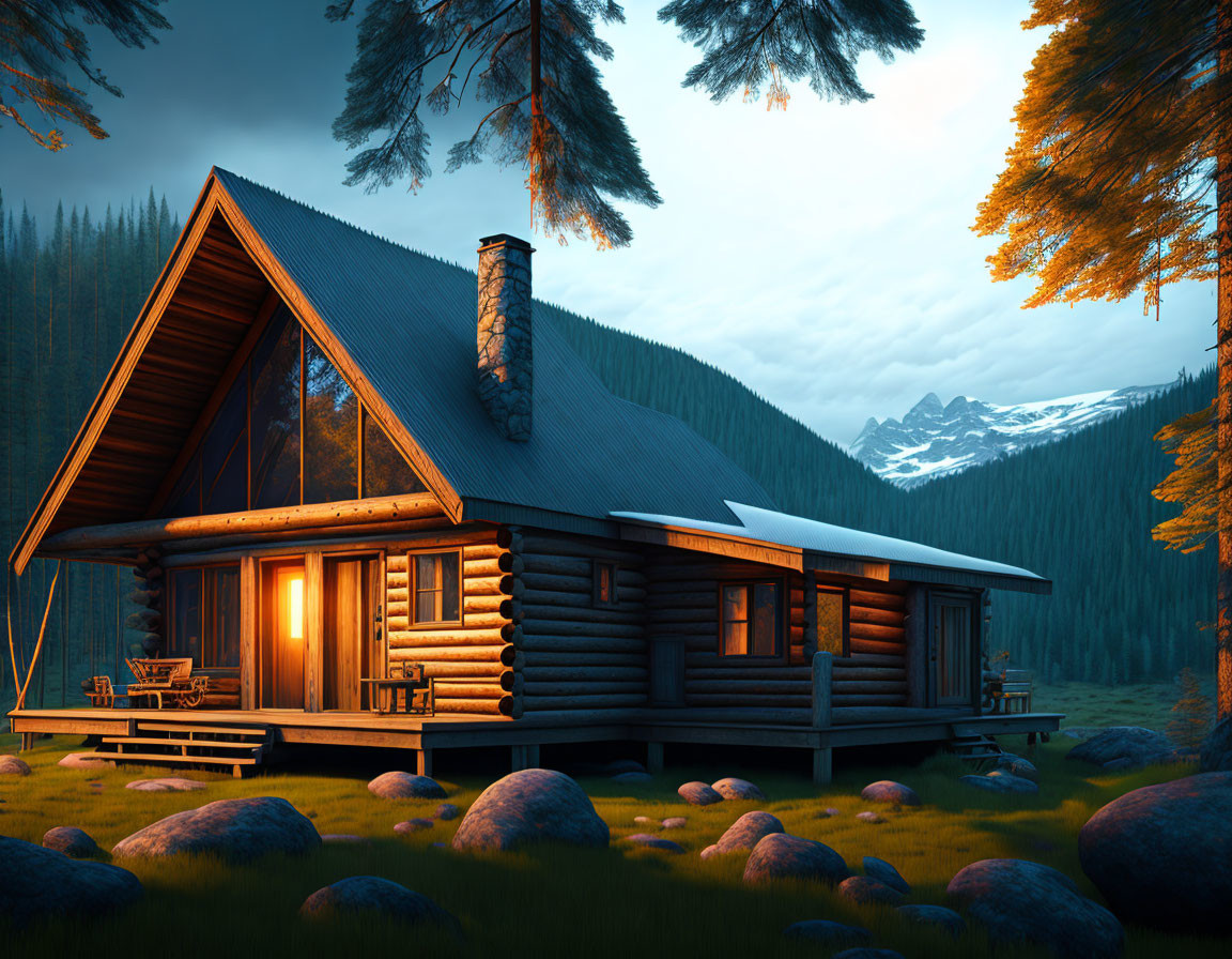 Rustic log cabin nestled among pine trees at twilight