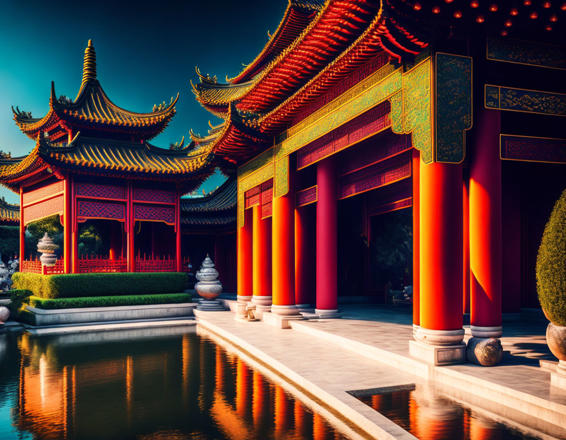 Traditional Chinese Architecture: Red Pillars, Golden Details, Tiled Roofs