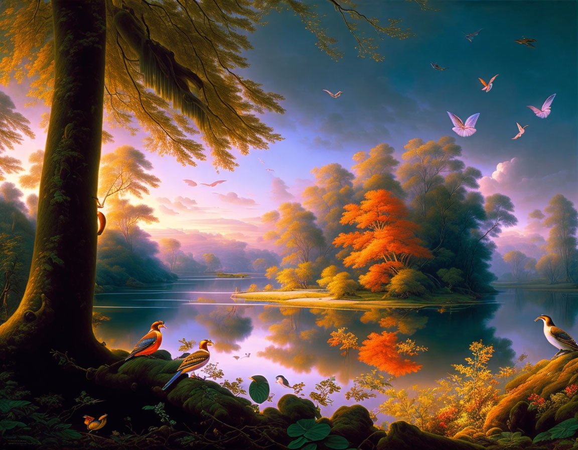 Tranquil autumn forest scene by a peaceful lake