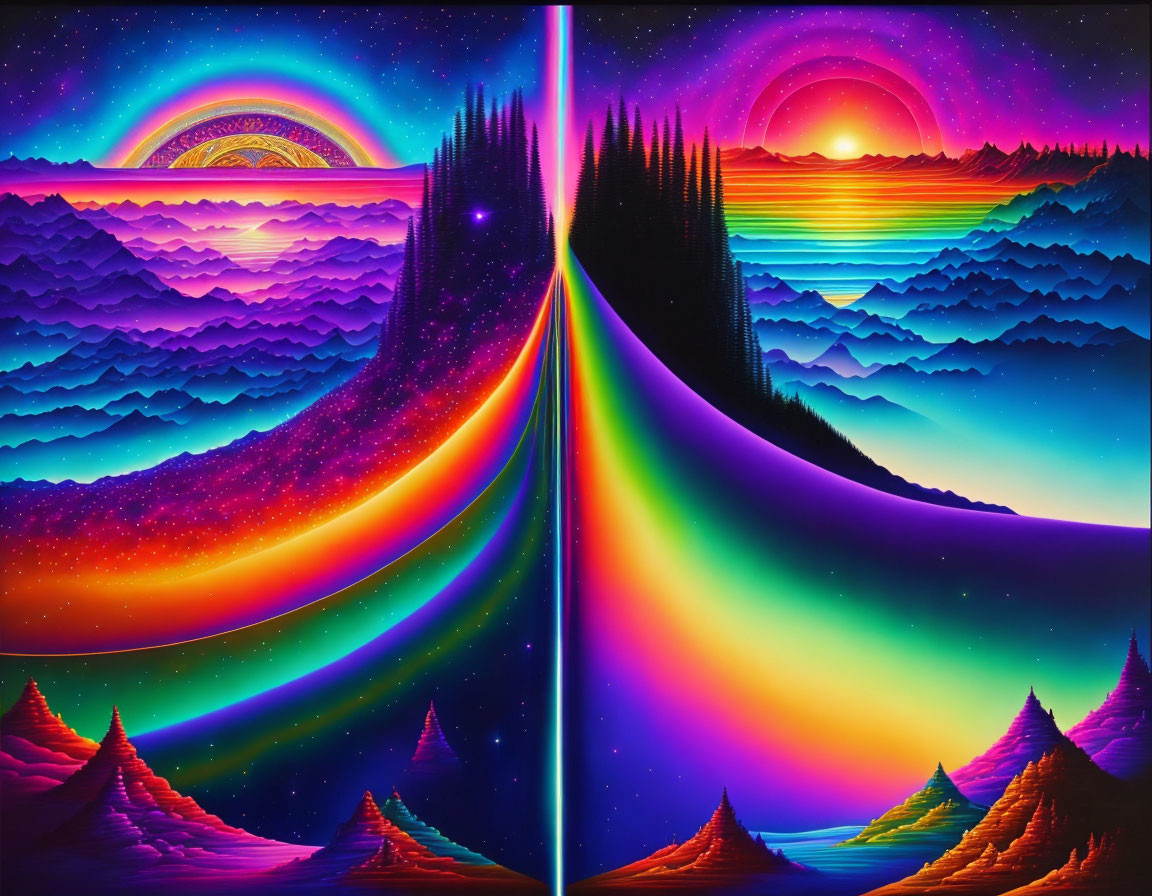 Split landscape digital artwork: night sky, sunset, radiant rainbow transition