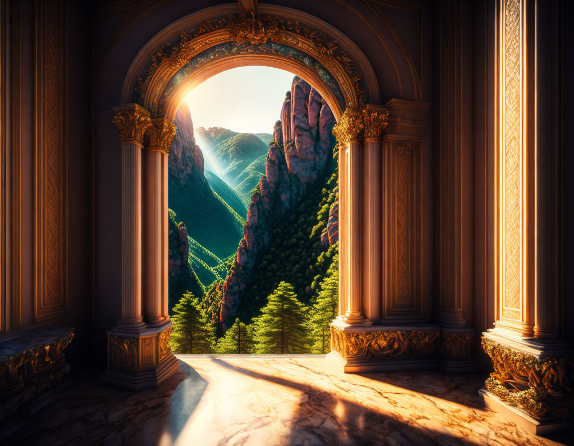 Luxurious archway framing stunning mountain view with sunlight and shadows.