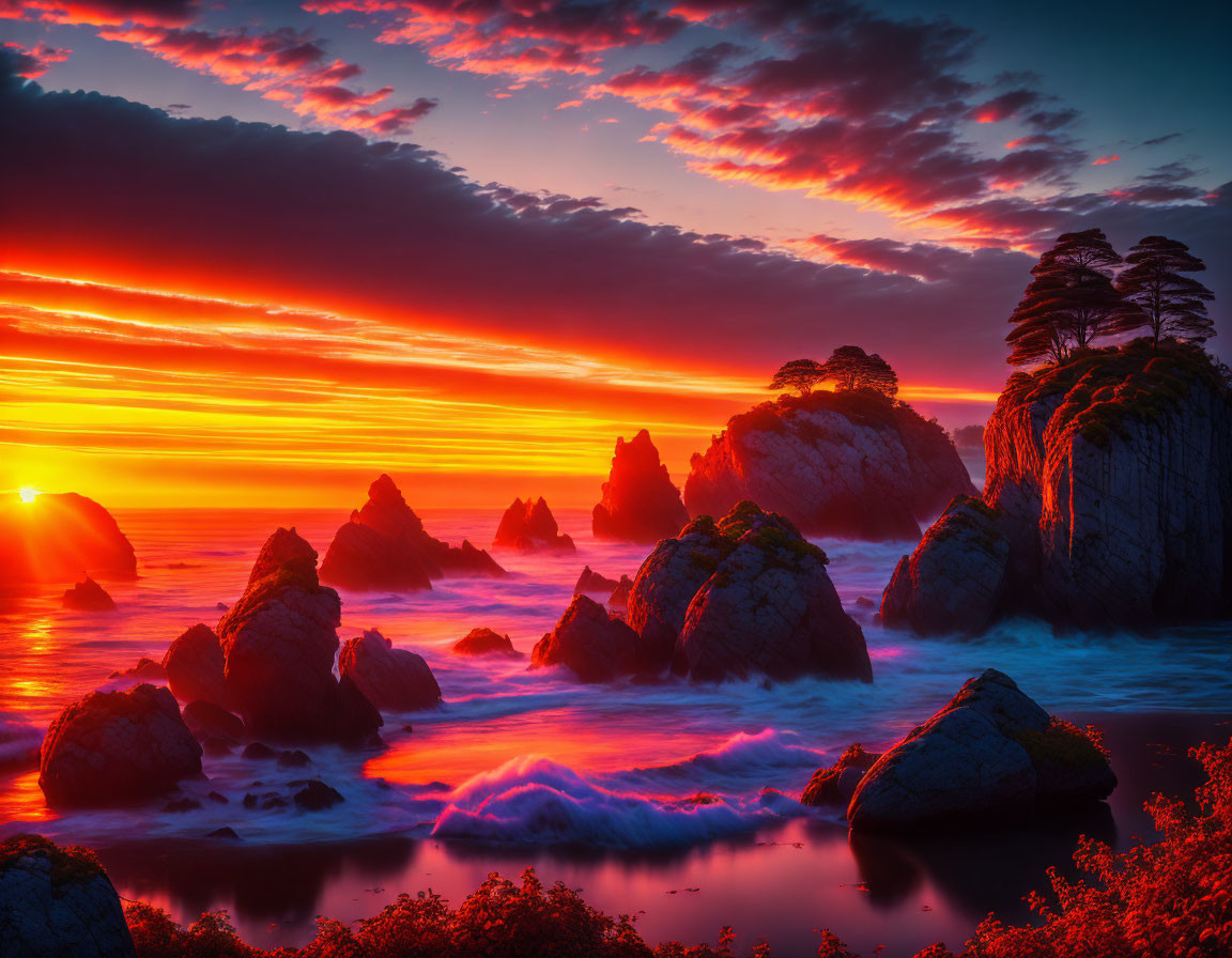 Scenic sunset over rocky coastline with radiant clouds.