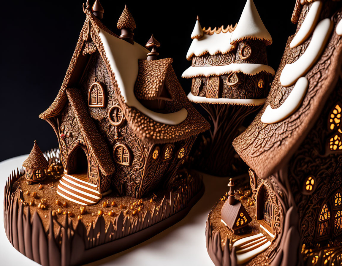 Intricate Chocolate Sculpture of Fantasy Village with Icing-covered Houses