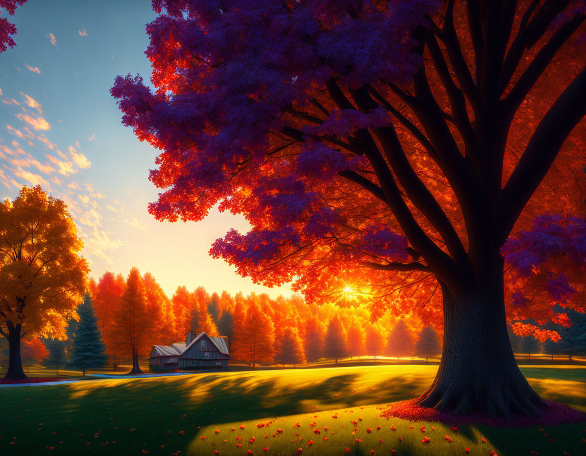 Colorful autumn landscape with large tree, setting sun, red foliage, and small cabin.