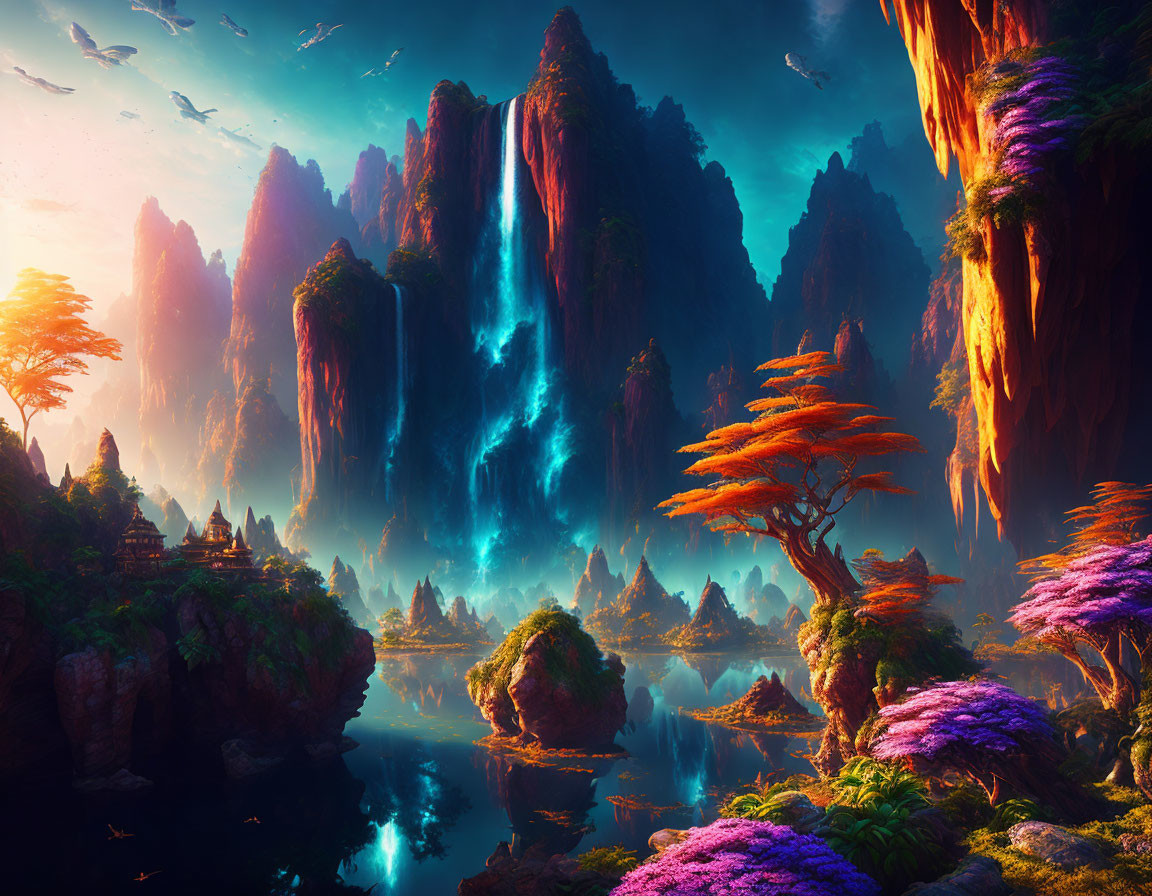 Majestic fantasy landscape with waterfalls, cliffs, and colorful flora