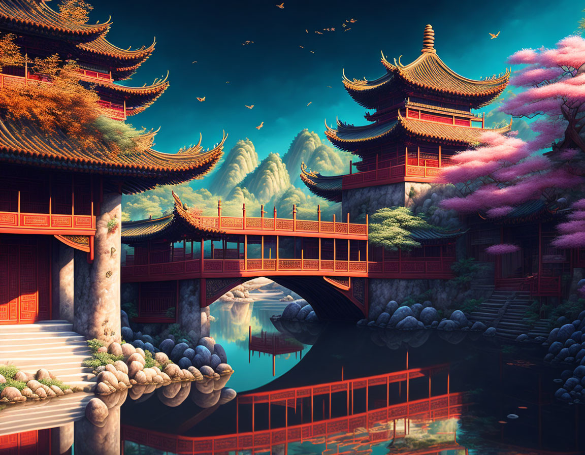 Asian landscape with red pagodas, bridge, cherry blossoms, river, stones, and birds