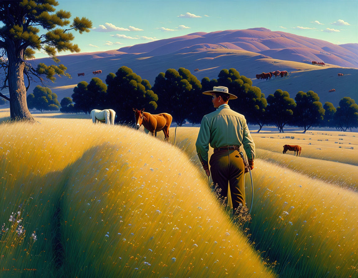 Cowboy in golden field with grazing horses and rolling hills under clear blue sky