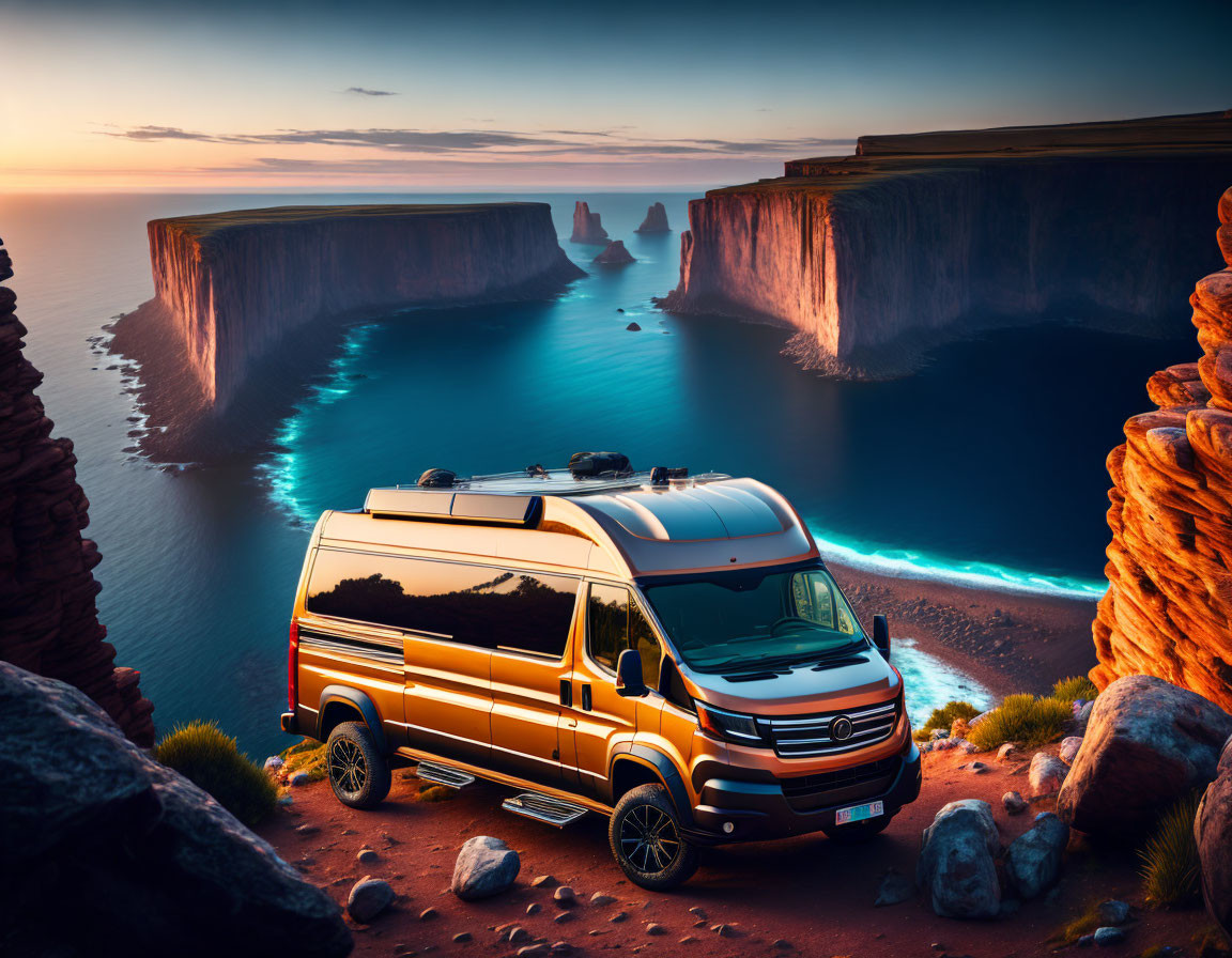 Van parked on coastal clifftop at sunset with sea view