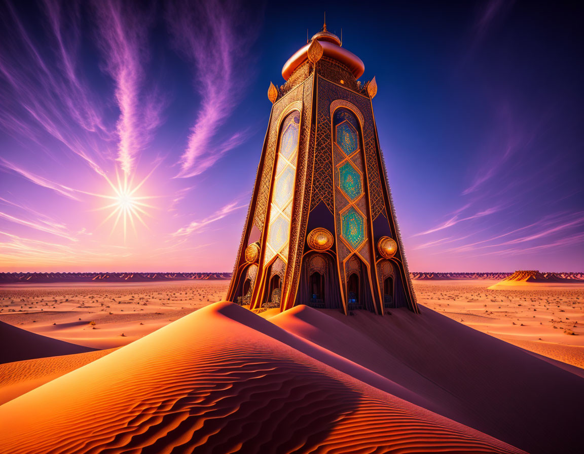 Ornate tower in sand dunes under vibrant sunset sky