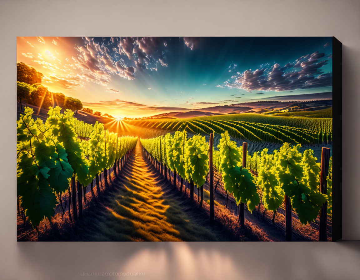 Vineyard Sunset Canvas Print with Sun Rays and Shadows