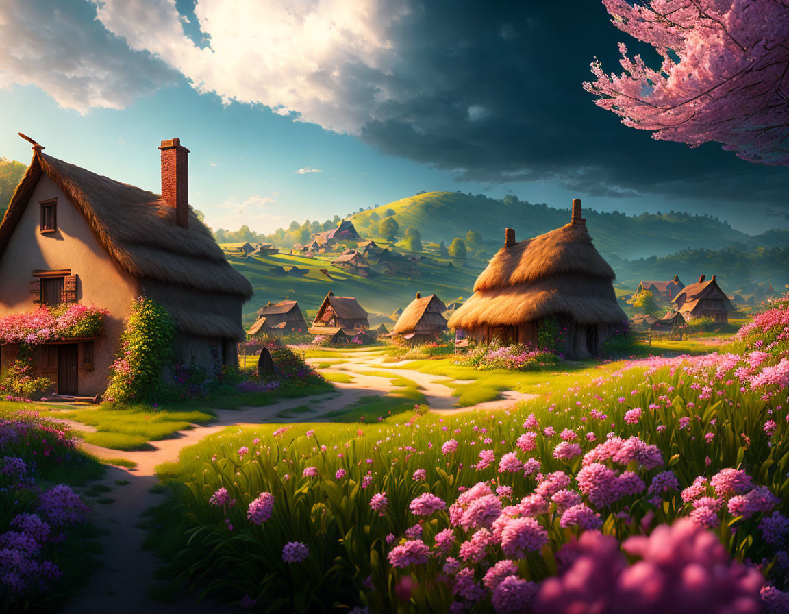 Tranquil village with thatched-roof cottages amid lush flowers and pink blossoming tree at