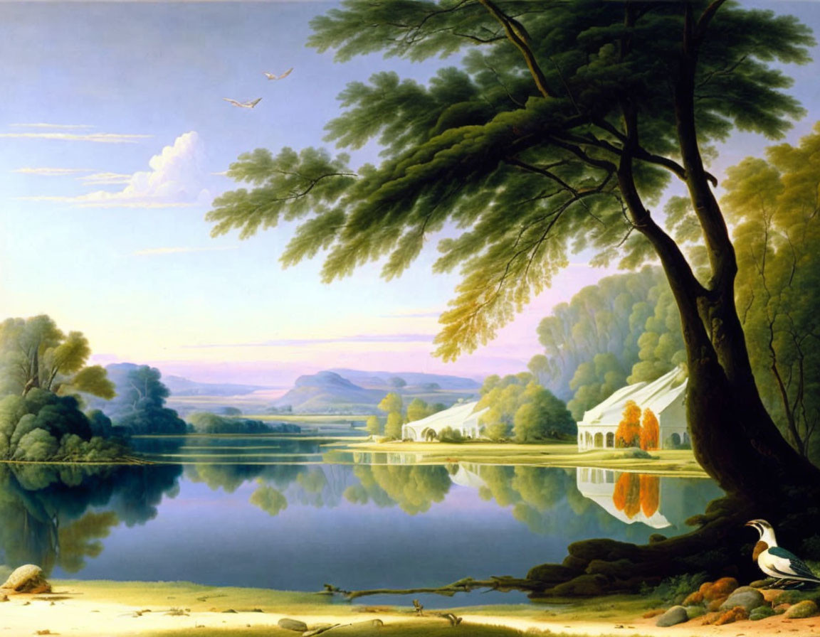 Serene landscape painting: tree near lake, white house, distant mountains, birds flying