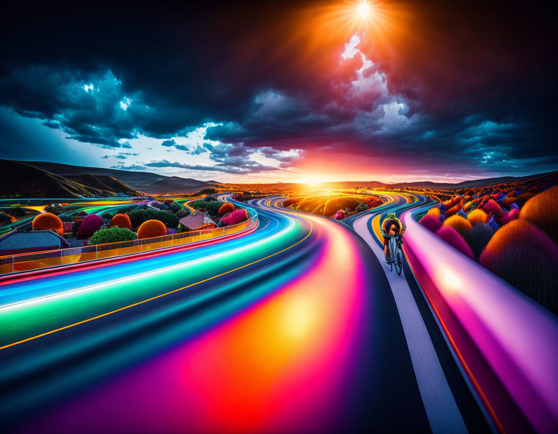 Cyclist on winding road with vibrant light trails at sunset