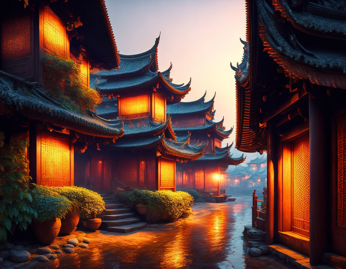 Traditional Asian Architecture with Multi-Tiered Pagoda Roofs at Sunset