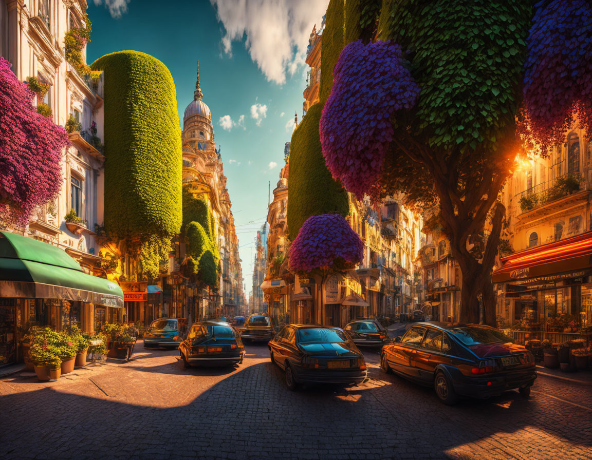 Scenic street with lush trees, purple flowers, classic cars, and grand building