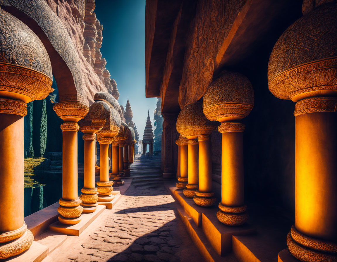 Intricately carved golden pillars in ornate corridor under sunlight