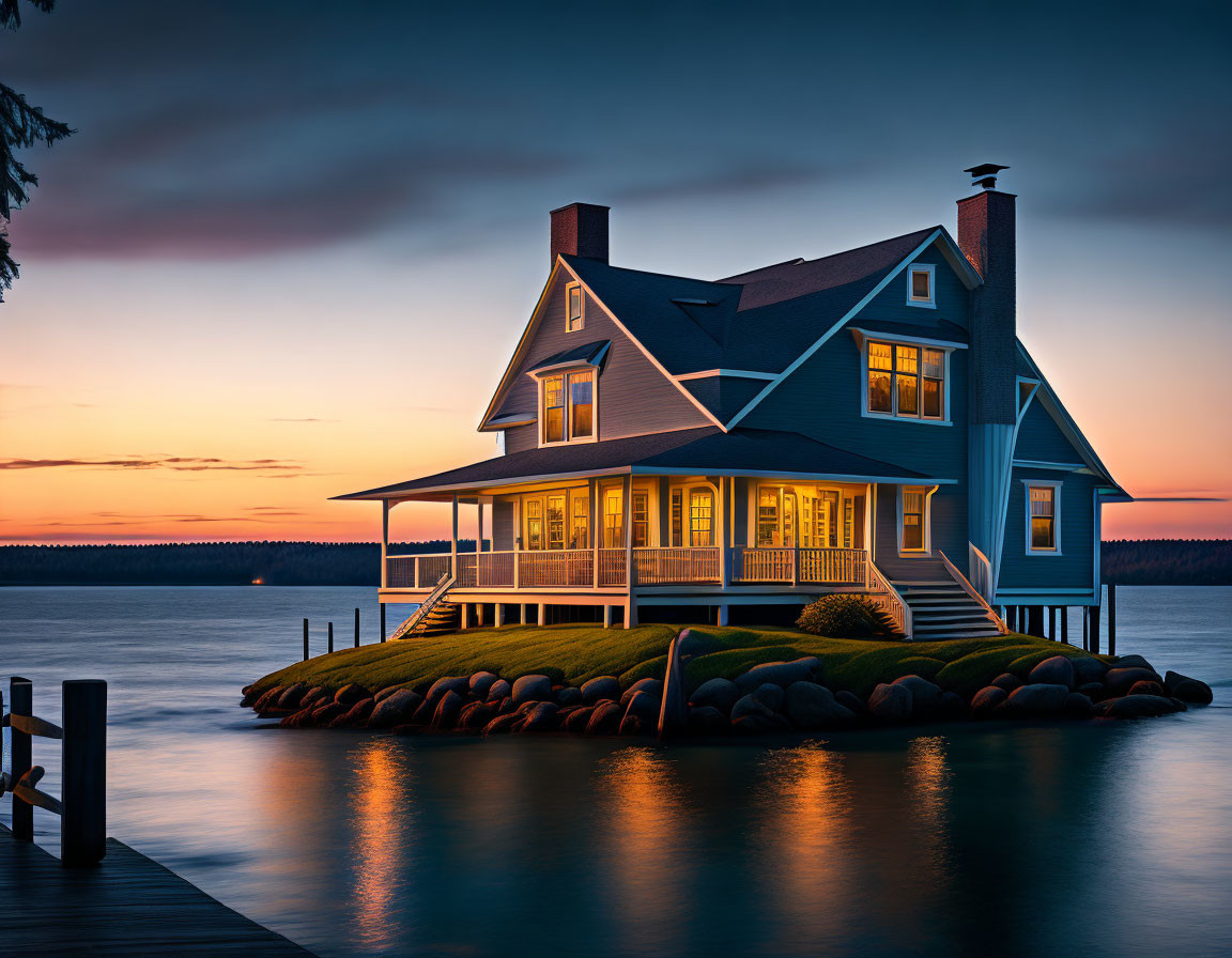 Tranquil lakeside scene with two-story blue house on rock foundation at dusk