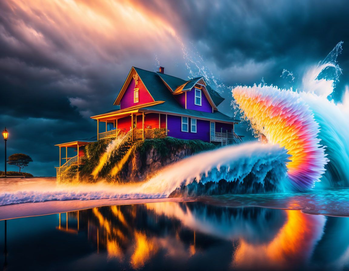 Vibrant beach scene with colorful house, crashing wave, and dramatic sky