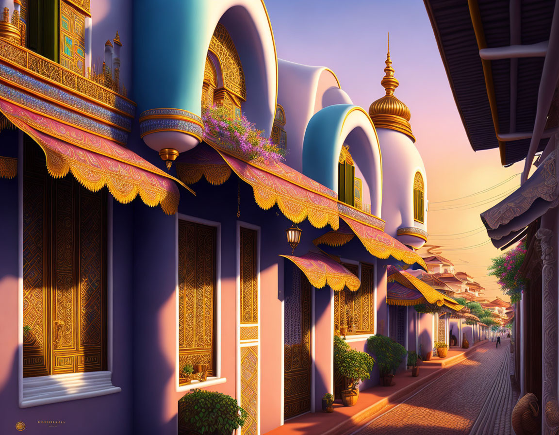 Vibrant street scene with ornate Arabian-style buildings at dusk