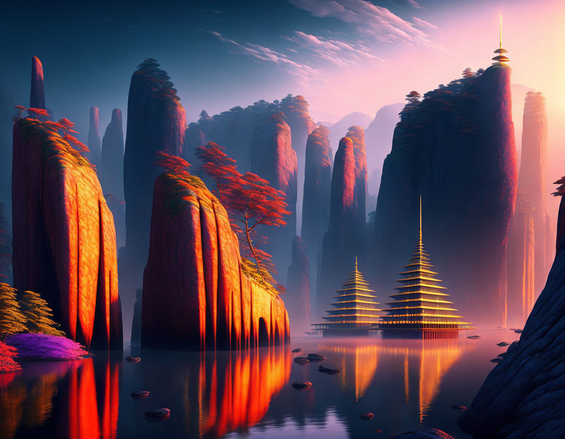 Fantastical landscape with rock formations, lake, foliage, and pagoda