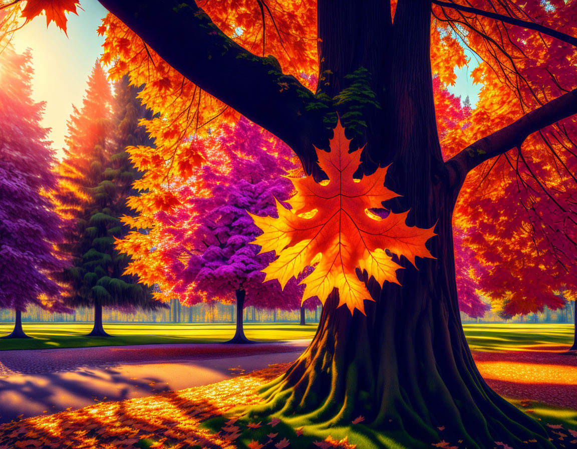 Vibrant Autumn Landscape with Orange and Pink Leaves