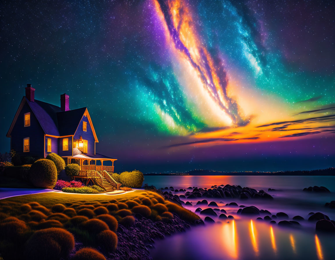 Cozy house by water under vibrant night sky