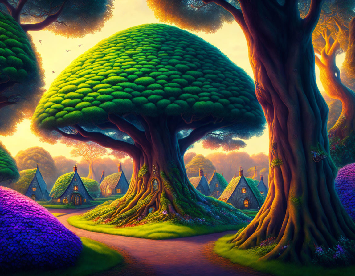 Vibrant fantasy landscape with oversized mushroom-like trees and whimsical cottages under a mesmerizing sunset