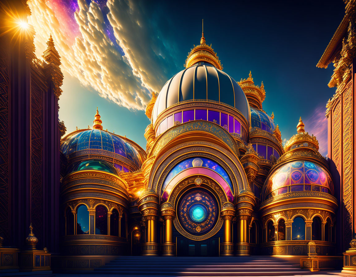 Fictional palace with golden domes and intricate designs at sunset