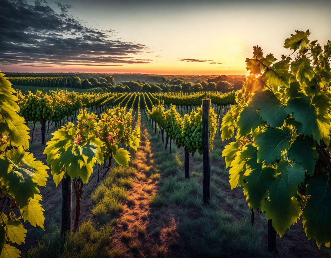 Vibrant sunset over lush vineyards with ripe grapes