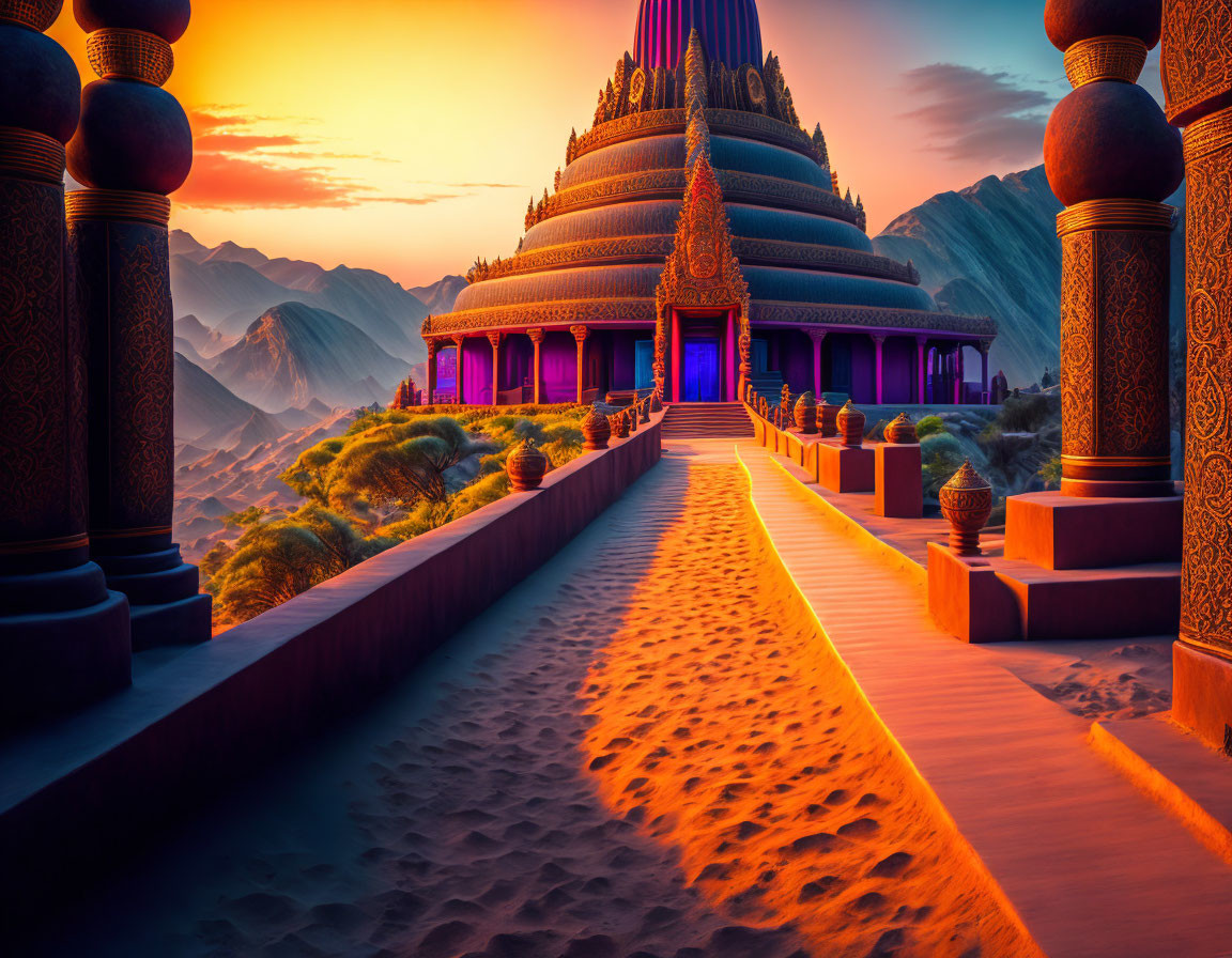 Vibrant sunset over ornate temple in desert landscape