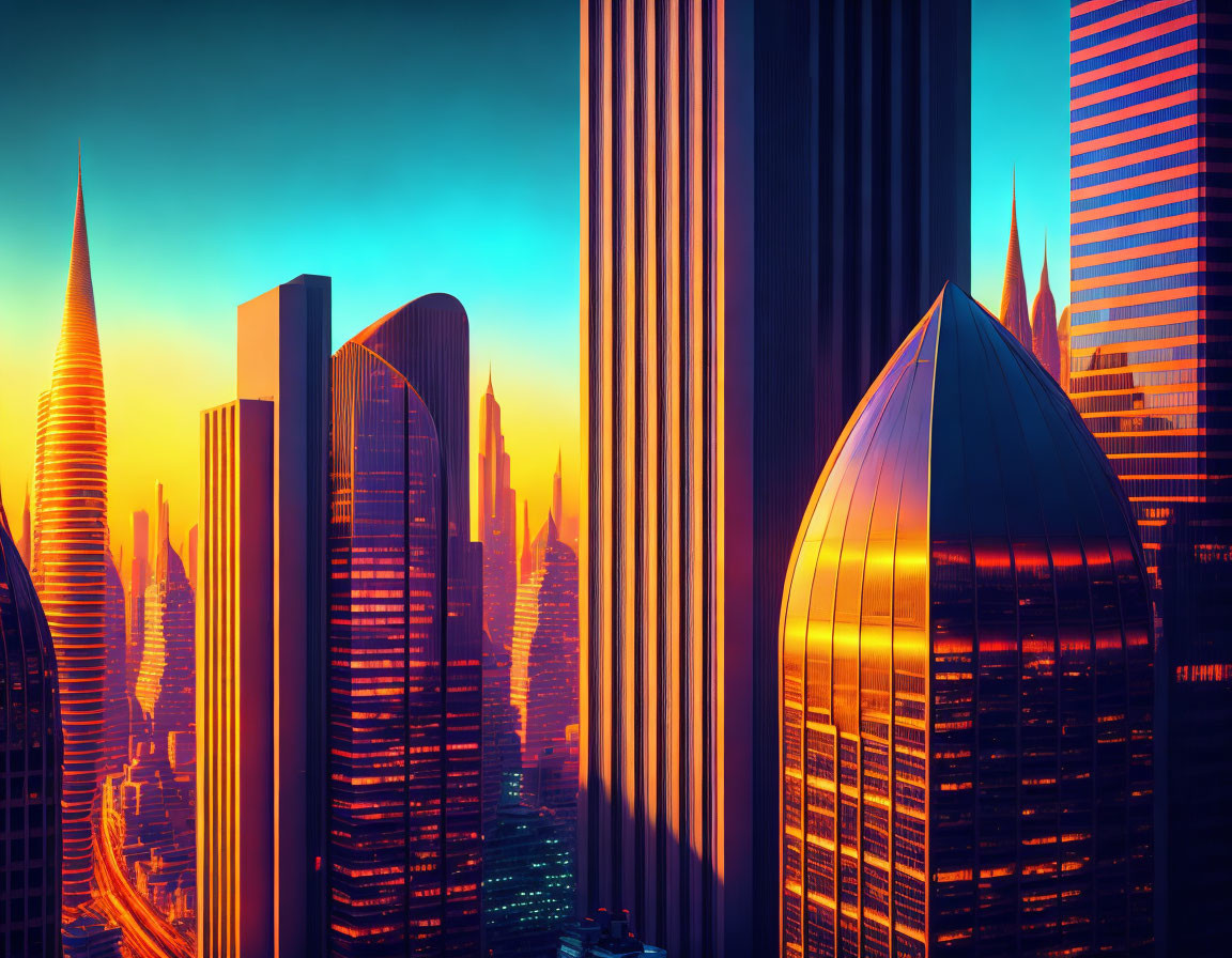 Futuristic sunset cityscape with sleek skyscrapers