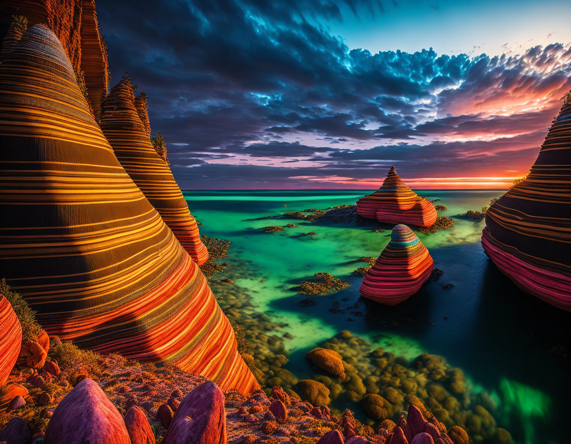 Colorful sunset over fantasy landscape with striped conical formations and luminous turquoise sea under dramatic sky.