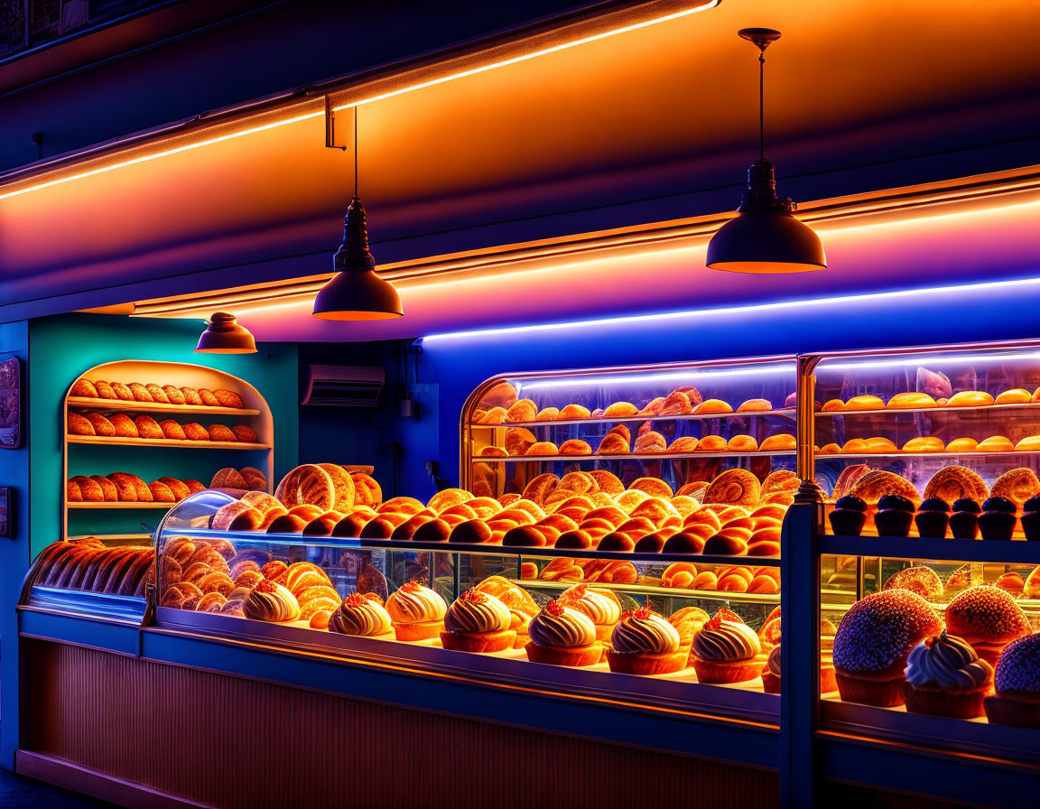 Bright Bakery Interior with Neon Lights and Fresh Baked Goods