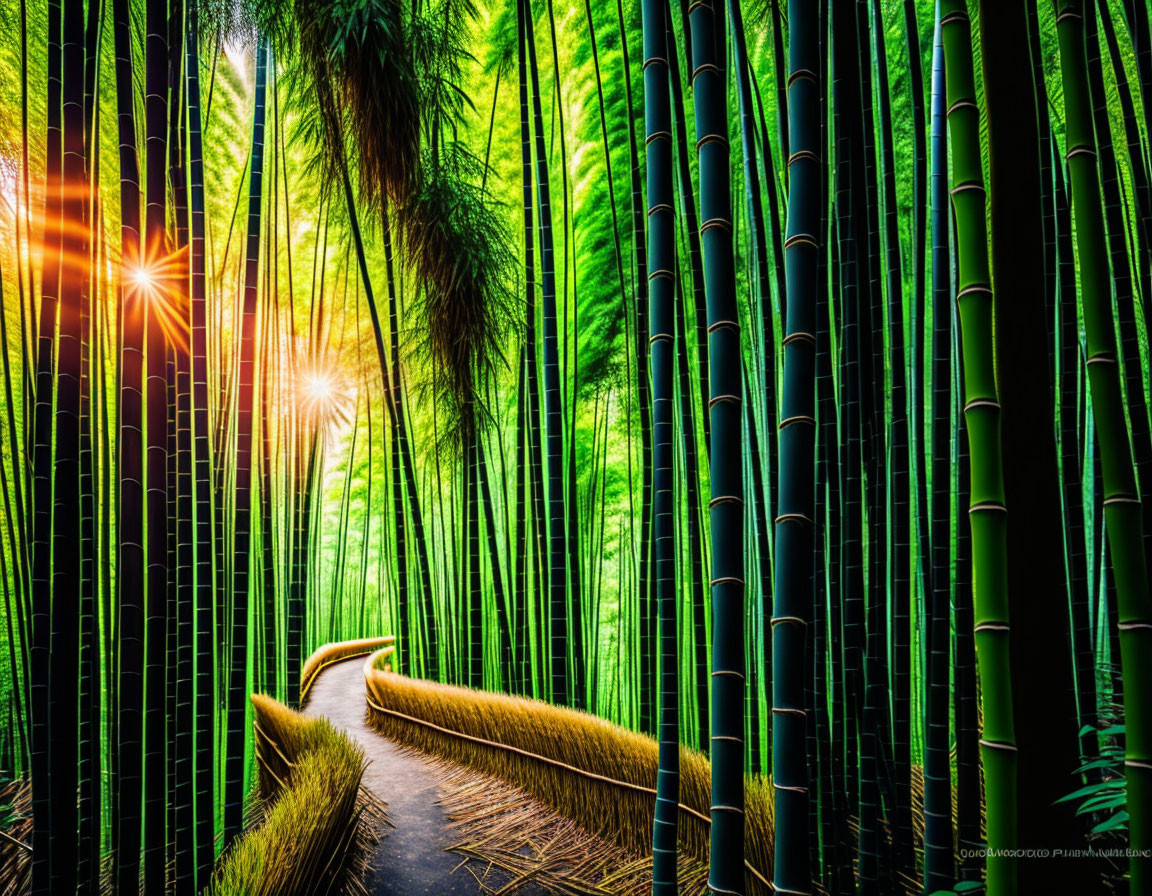 Sun-dappled bamboo forest with winding path and glowing sunrise.