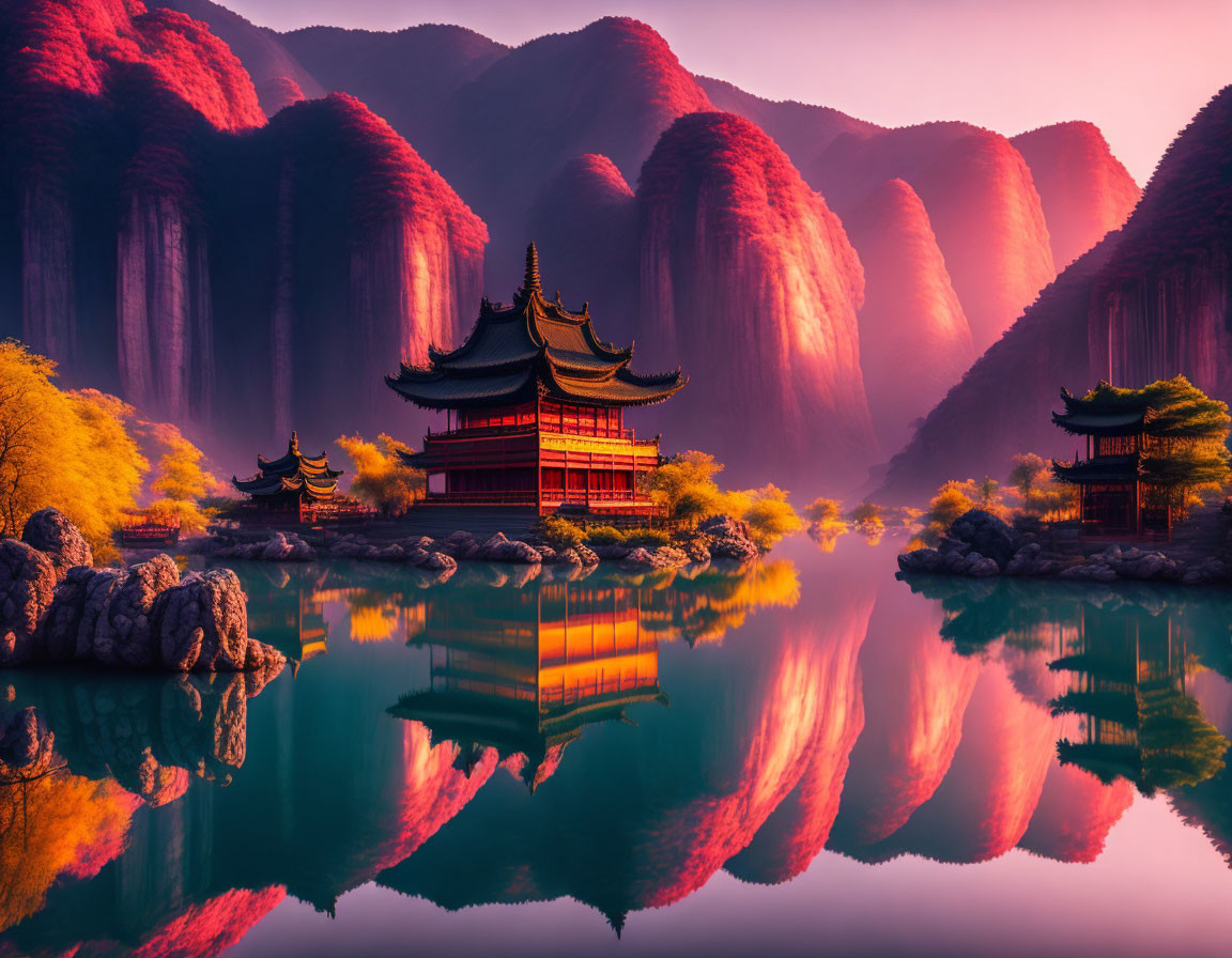 Tranquil Asian temple by serene lake and autumn mountains