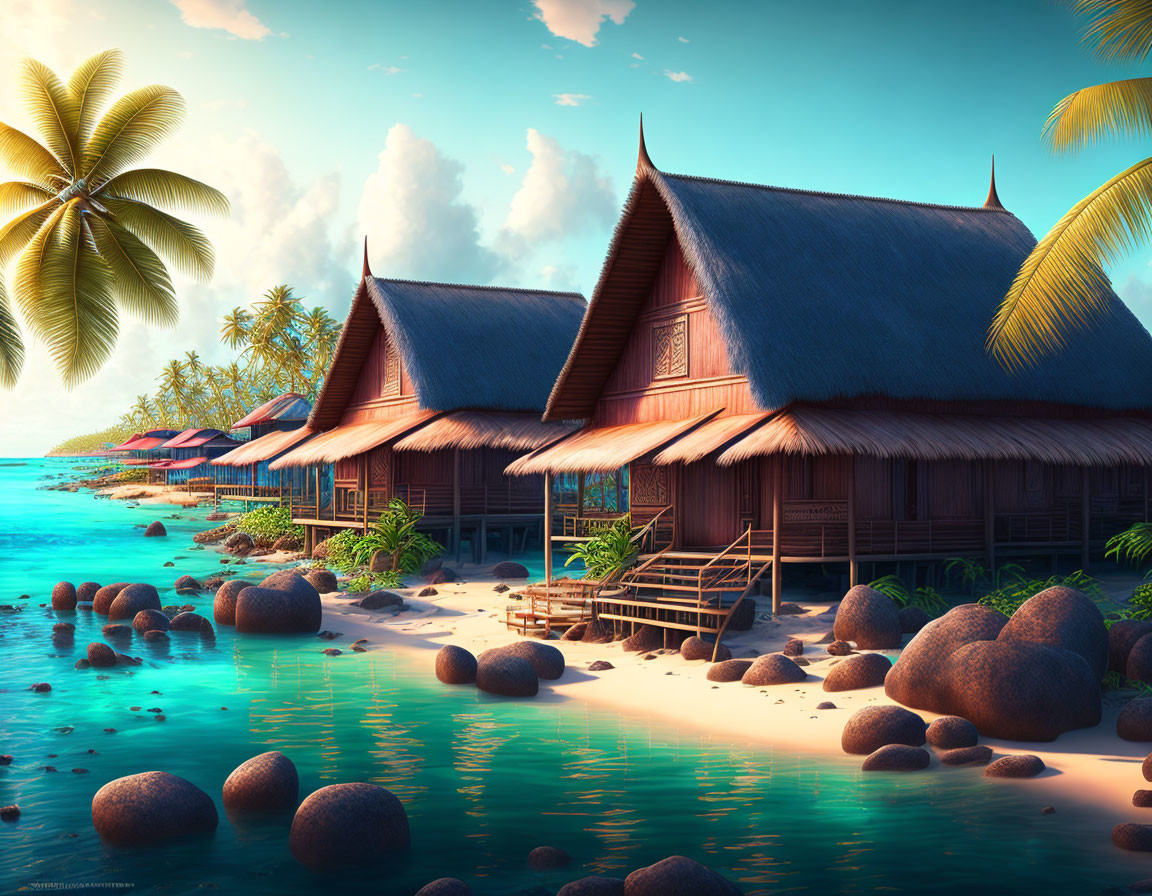 Tropical beach scene with wooden huts on stilts, palm trees, and clear blue water