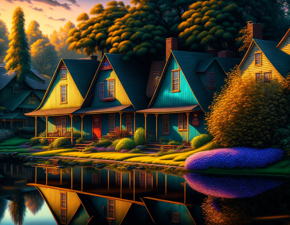 Colorful Cottages Reflecting in Still River at Dusk