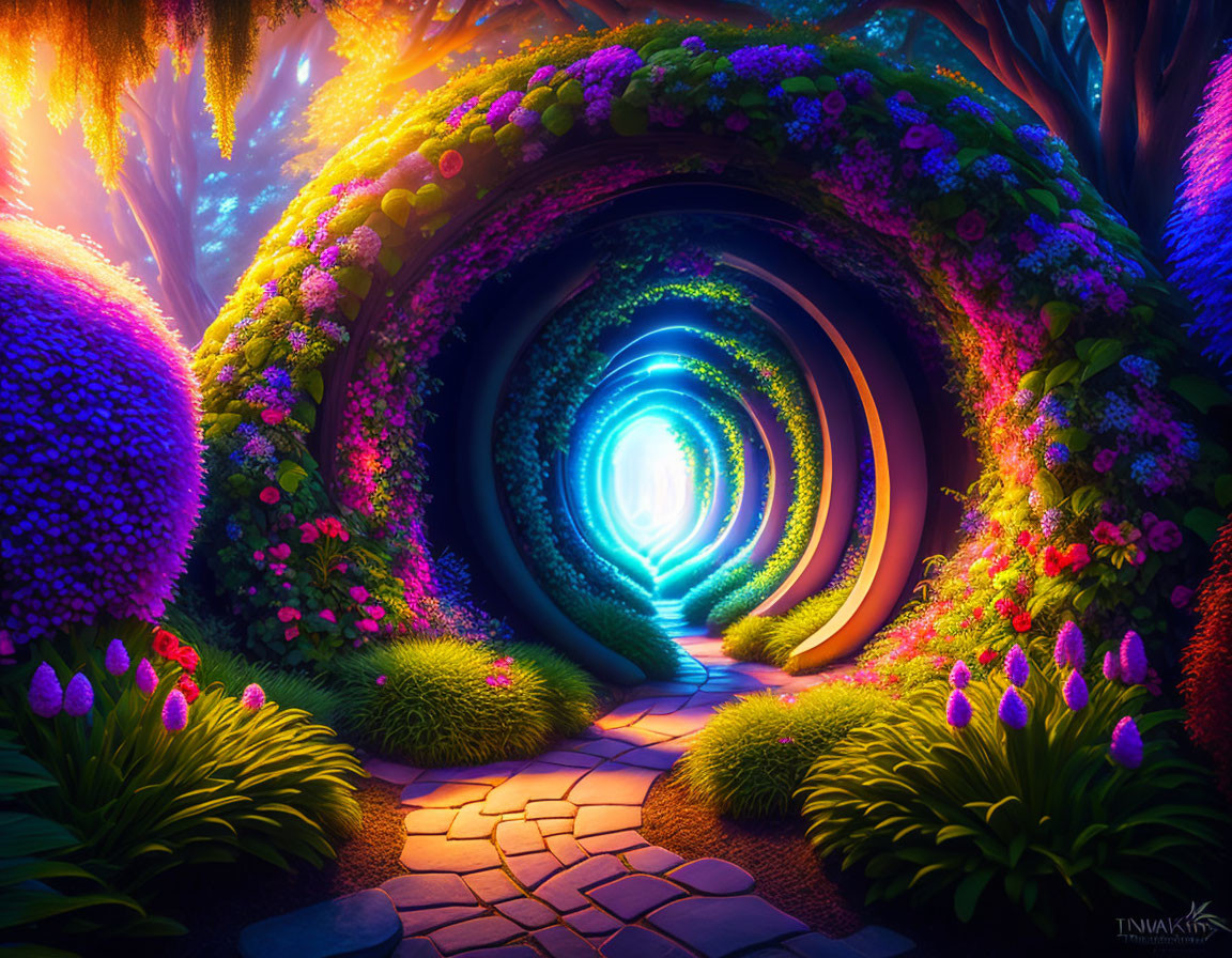 Colorful digital art: Mystical garden path through lush foliage and flowers to glowing portal