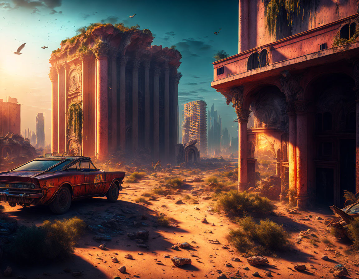 Rusty car in deserted city with crumbling buildings and birds under orange sky