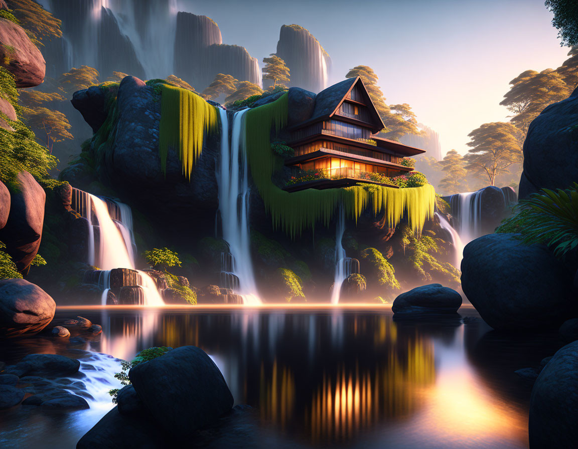 Traditional house on waterfall surrounded by lush forest and serene pond