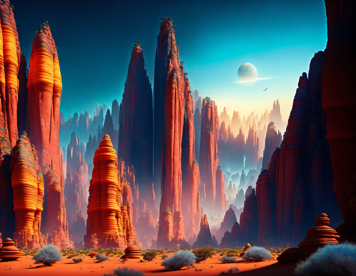 Vivid Alien Landscape: Red Rocks, Blue Sky, Moons, Bird-like Creature