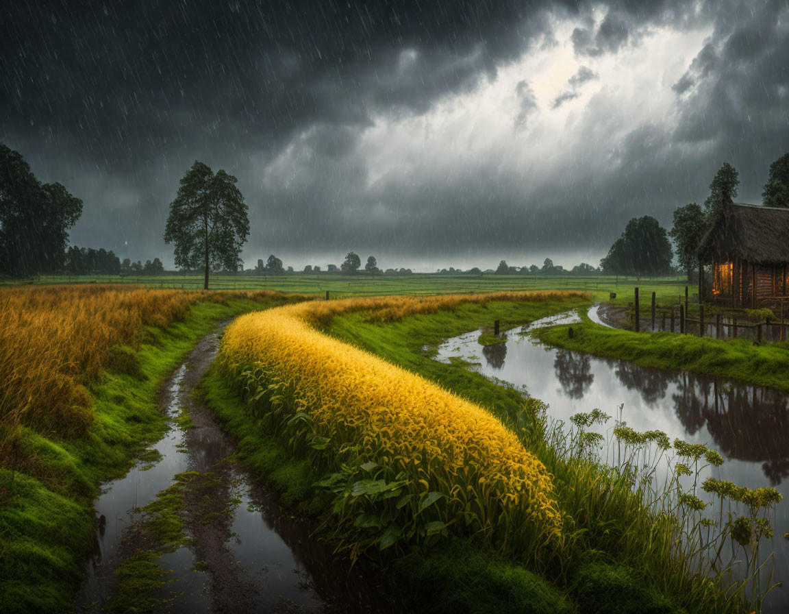 Lush green landscape with wooden hut by river in rainy weather