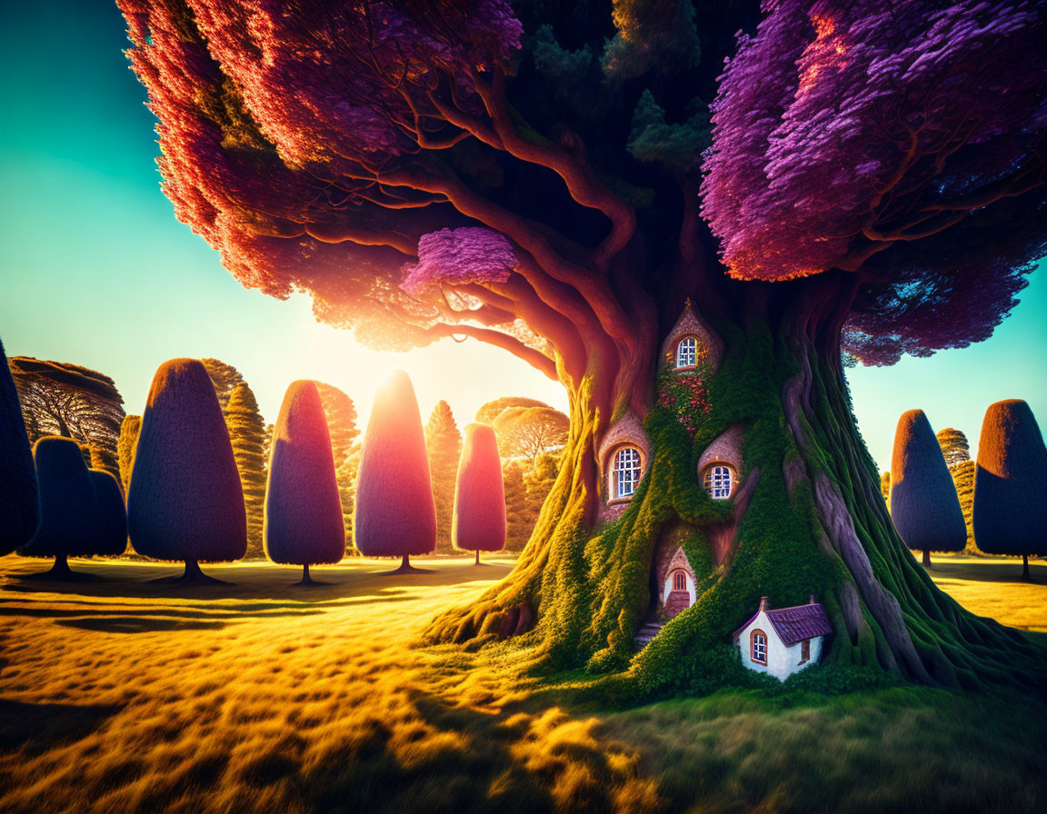 Colorful fantasy landscape with whimsical tree and miniature houses in unique setting