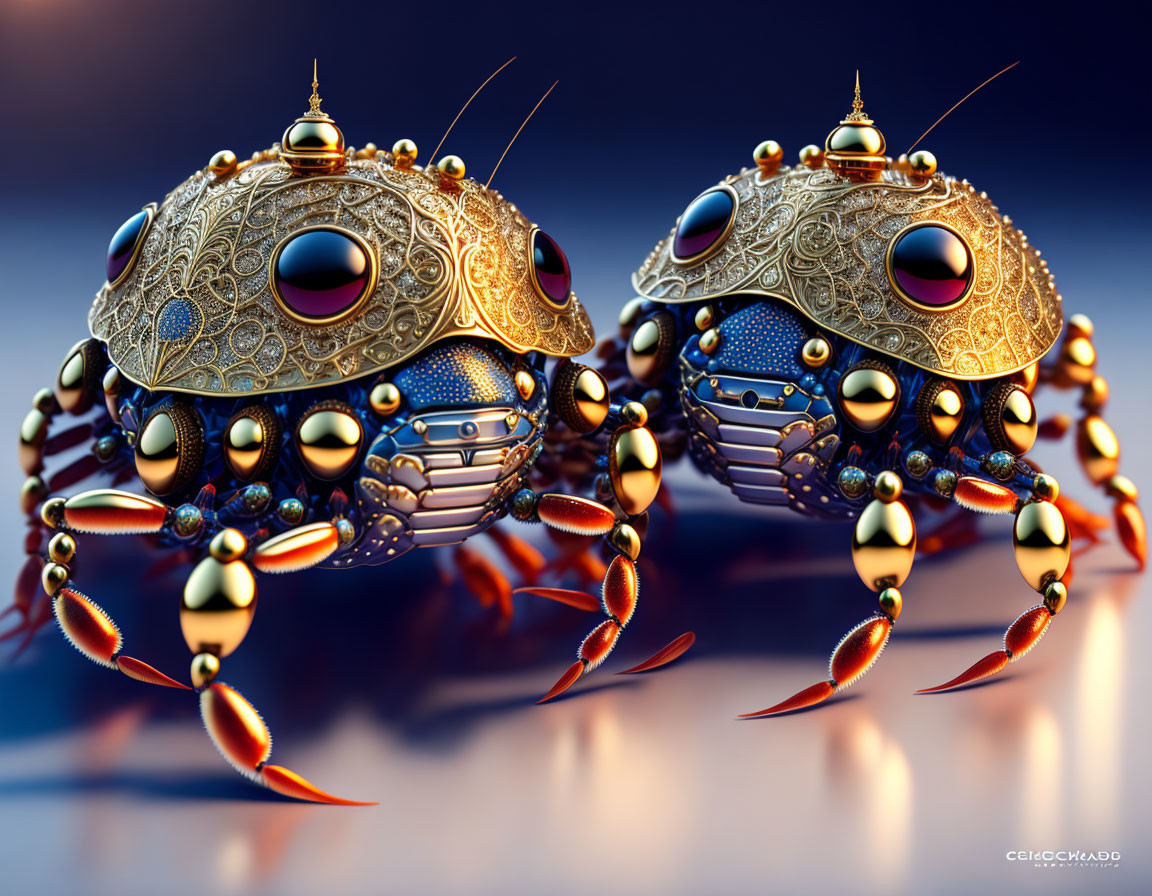 Ornate mechanical ladybugs with jewel-adorned shells on reflective surface