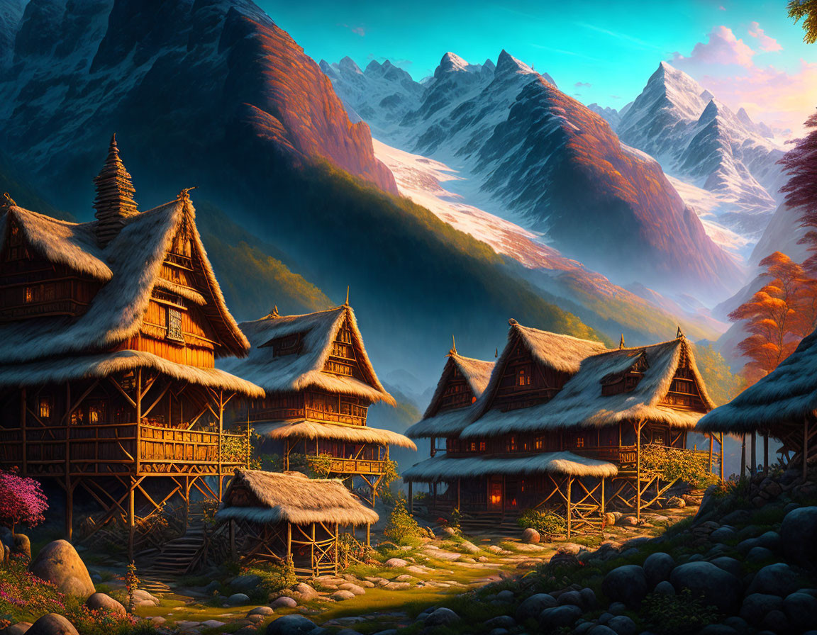 Wooden houses, misty valleys, snow-capped mountains in fantasy landscape