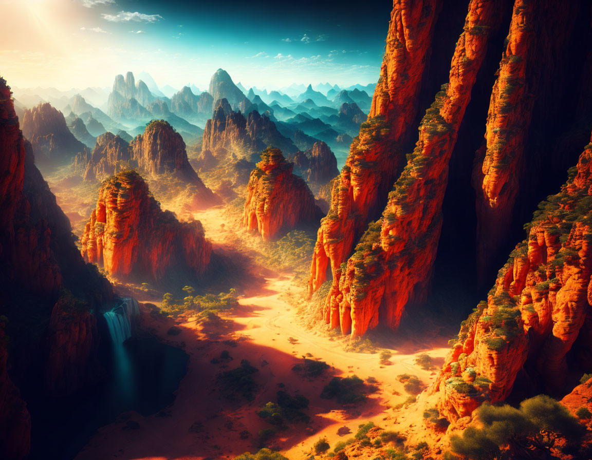 Majestic red rock formations, waterfall, and lush greenery in scenic landscape.