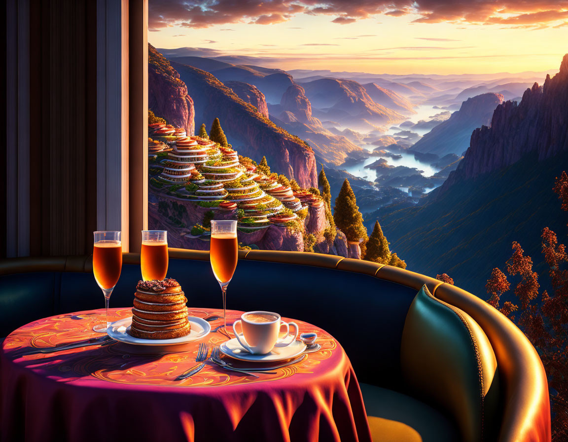 Luxurious Breakfast Setup with Pancakes and Mountain View at Sunrise