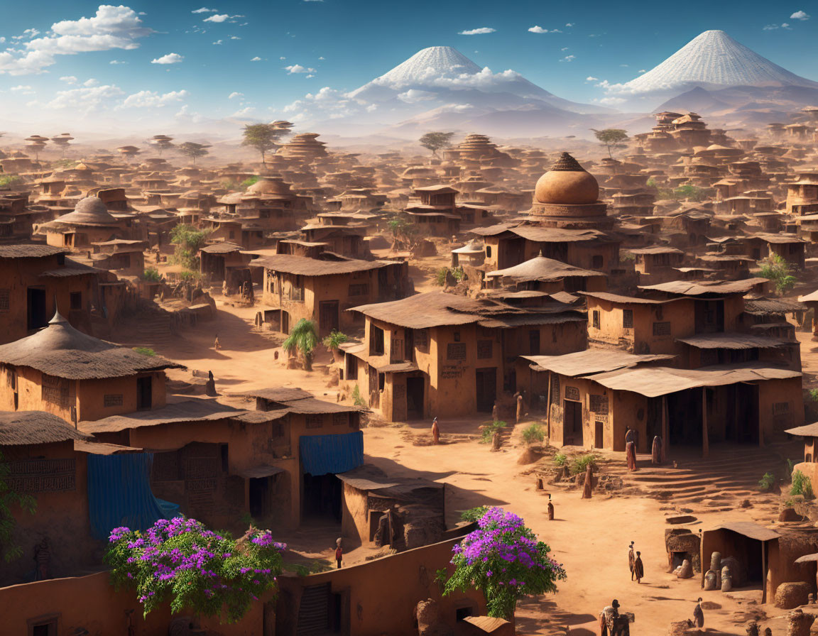 Desert village with mud houses, purple flowers, streets, mountains