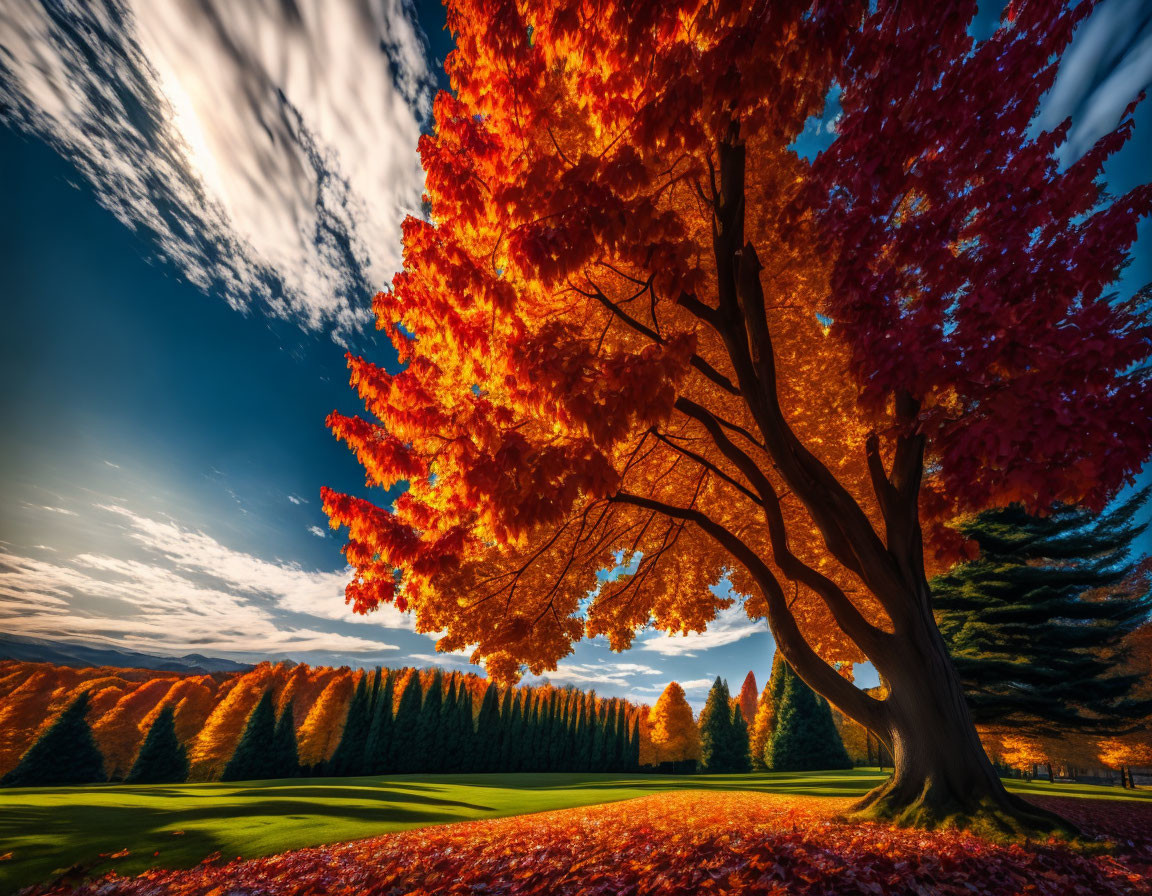 Fiery red maple tree in vibrant autumn scene