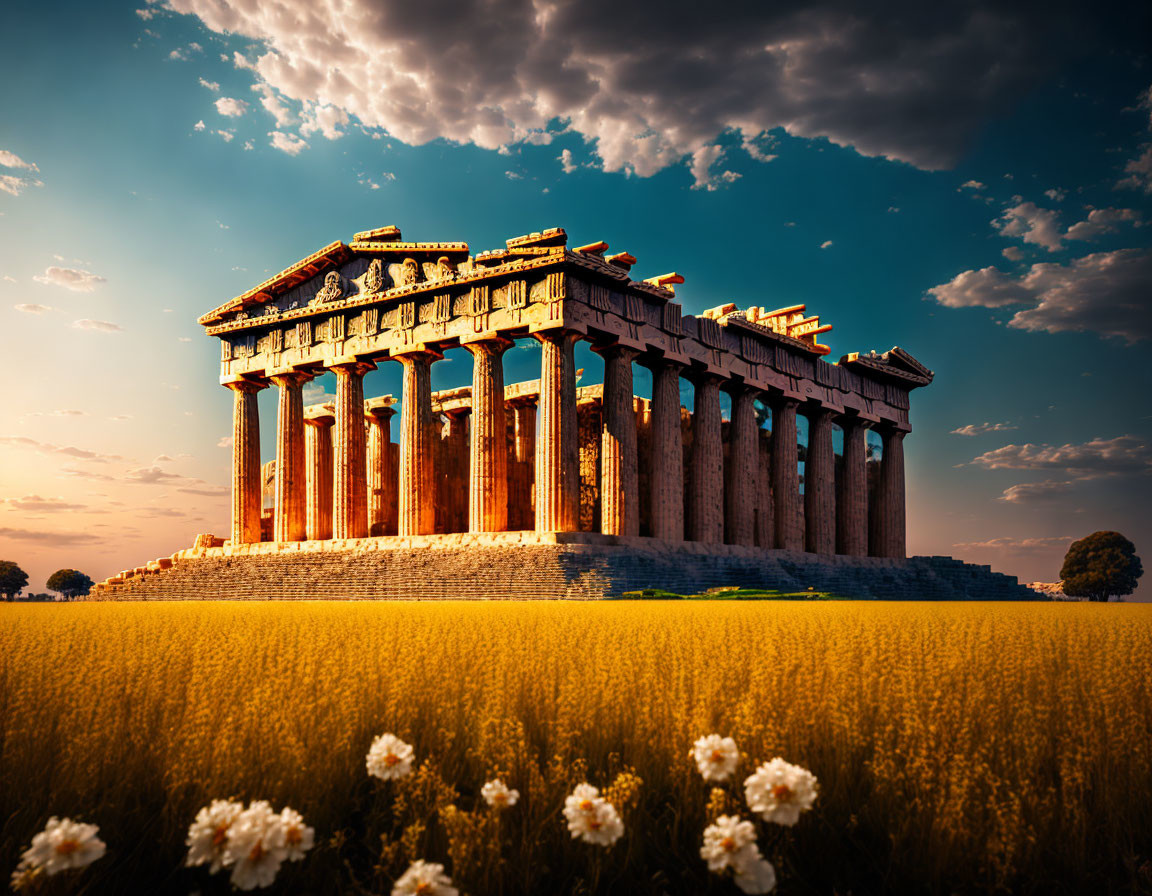 Ancient Greek temple with columns in golden field under dramatic sky